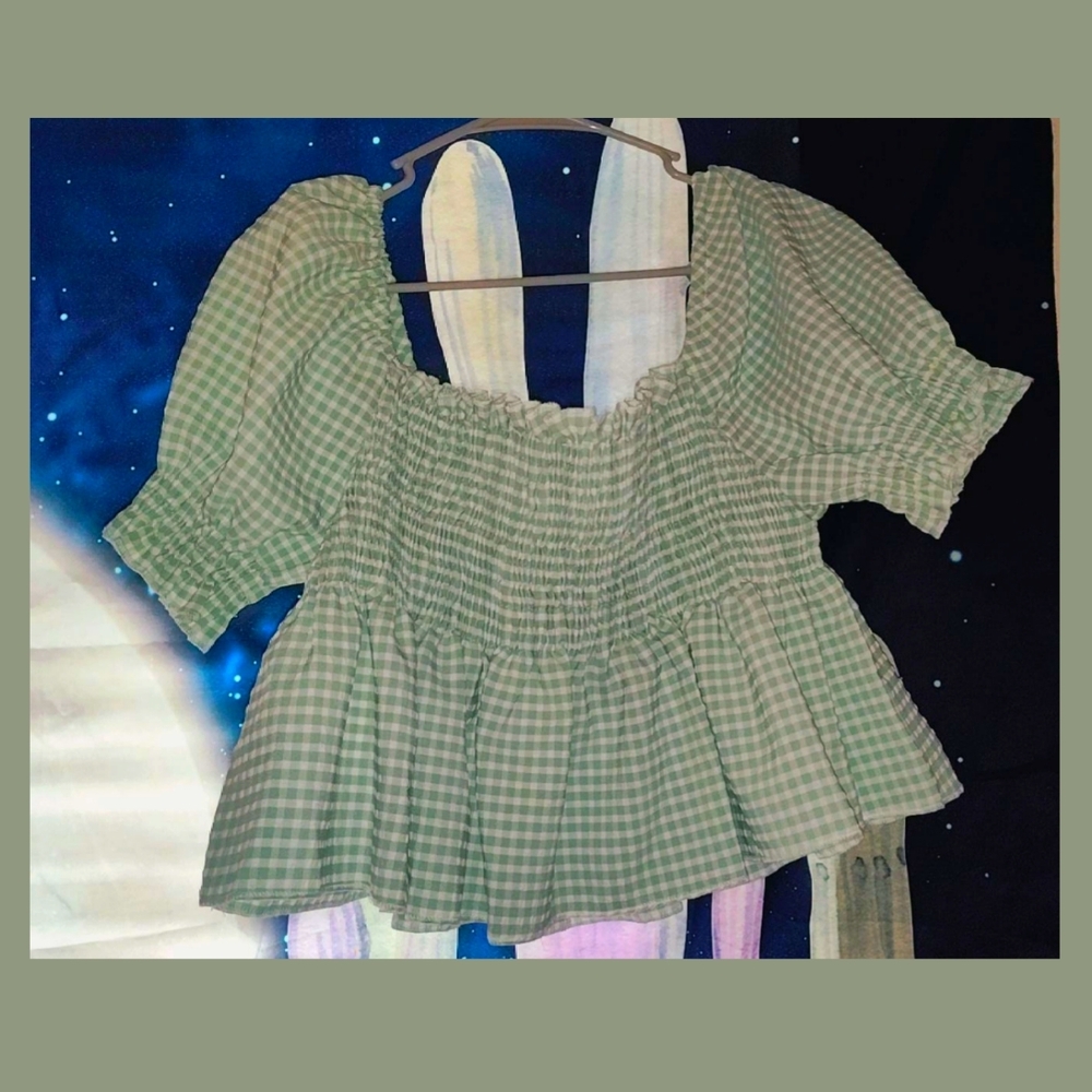 PrettyLittleThing Green Gingham Ruffle Blouse